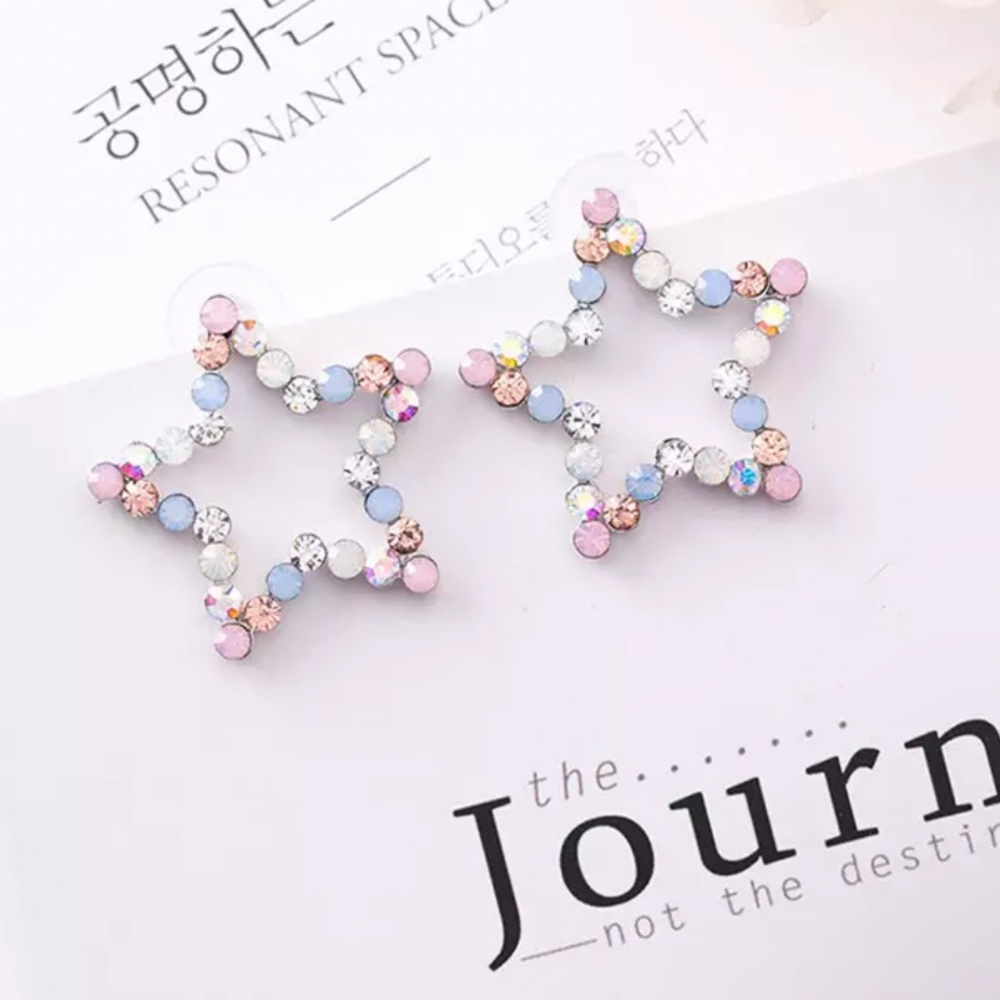 Star Heart earring rhinestone stud open jewelry rainbow pink blue multicolor NWT